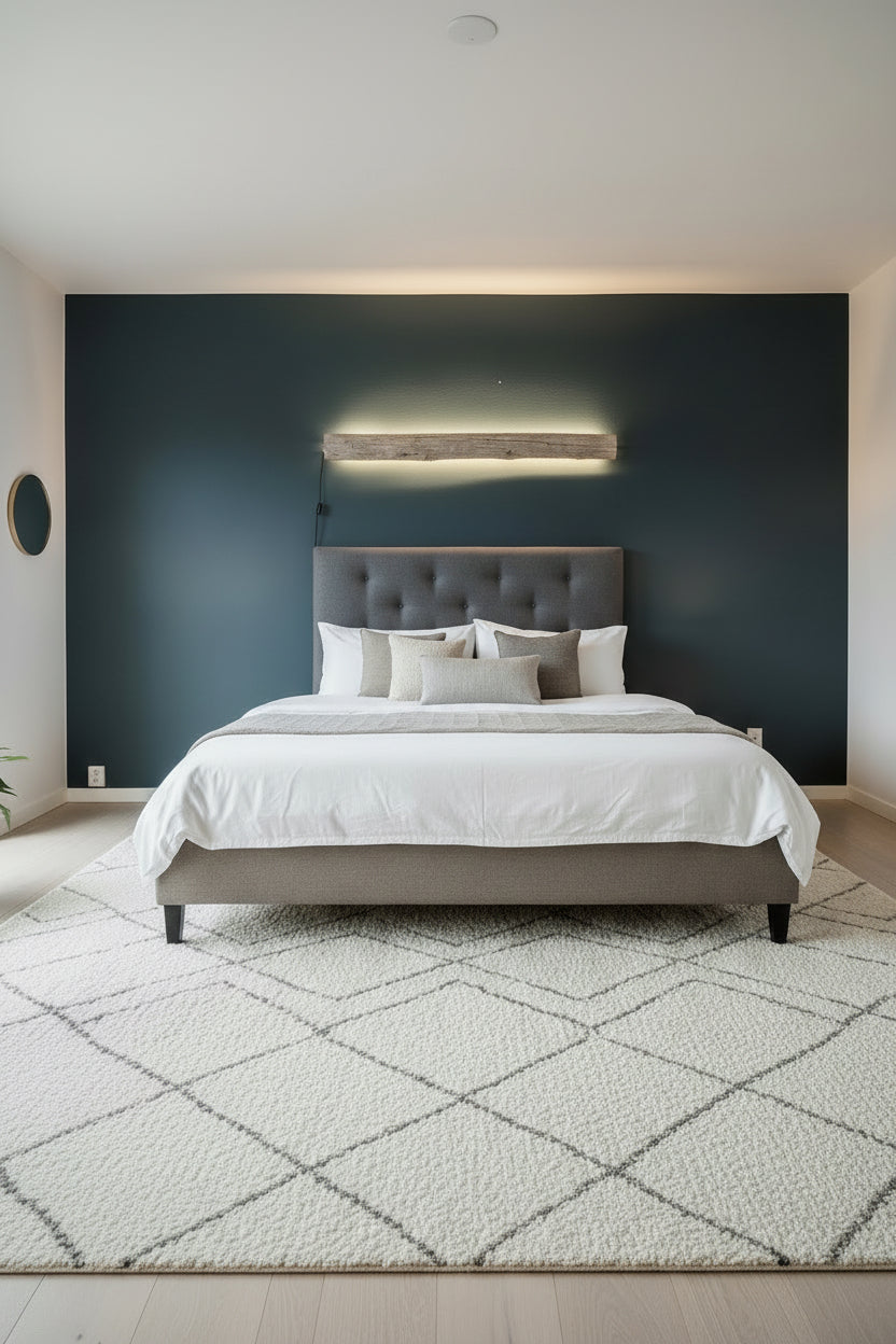 Pohjoismaisen minimalistinen seinävalaisin luonnonmateriaalista, makuuhuoneessa sängyn yläpuolella