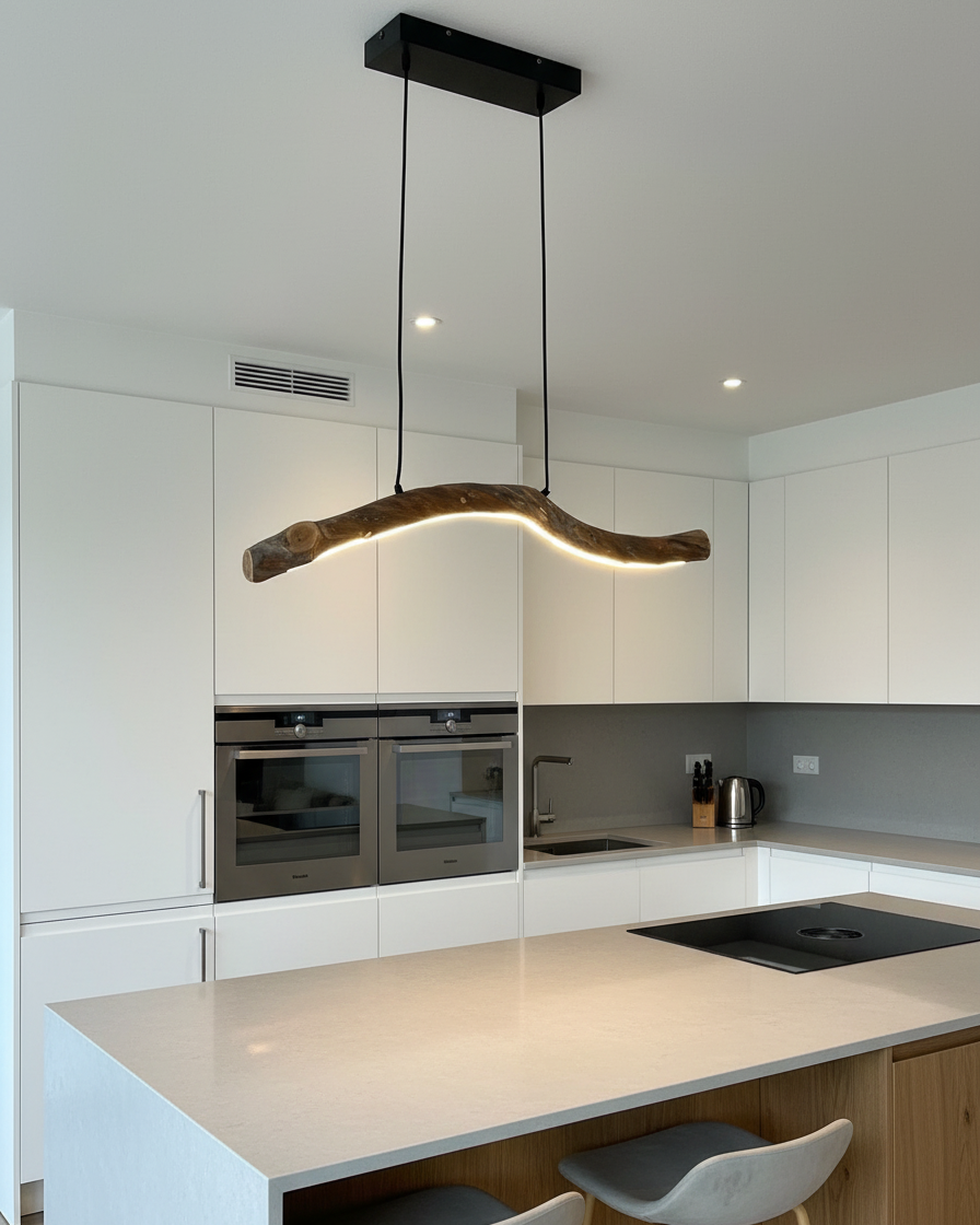 Kelo‑puinen riippuvalaisin modernissa sisustuksessa, luonnon kauneutta korostaen