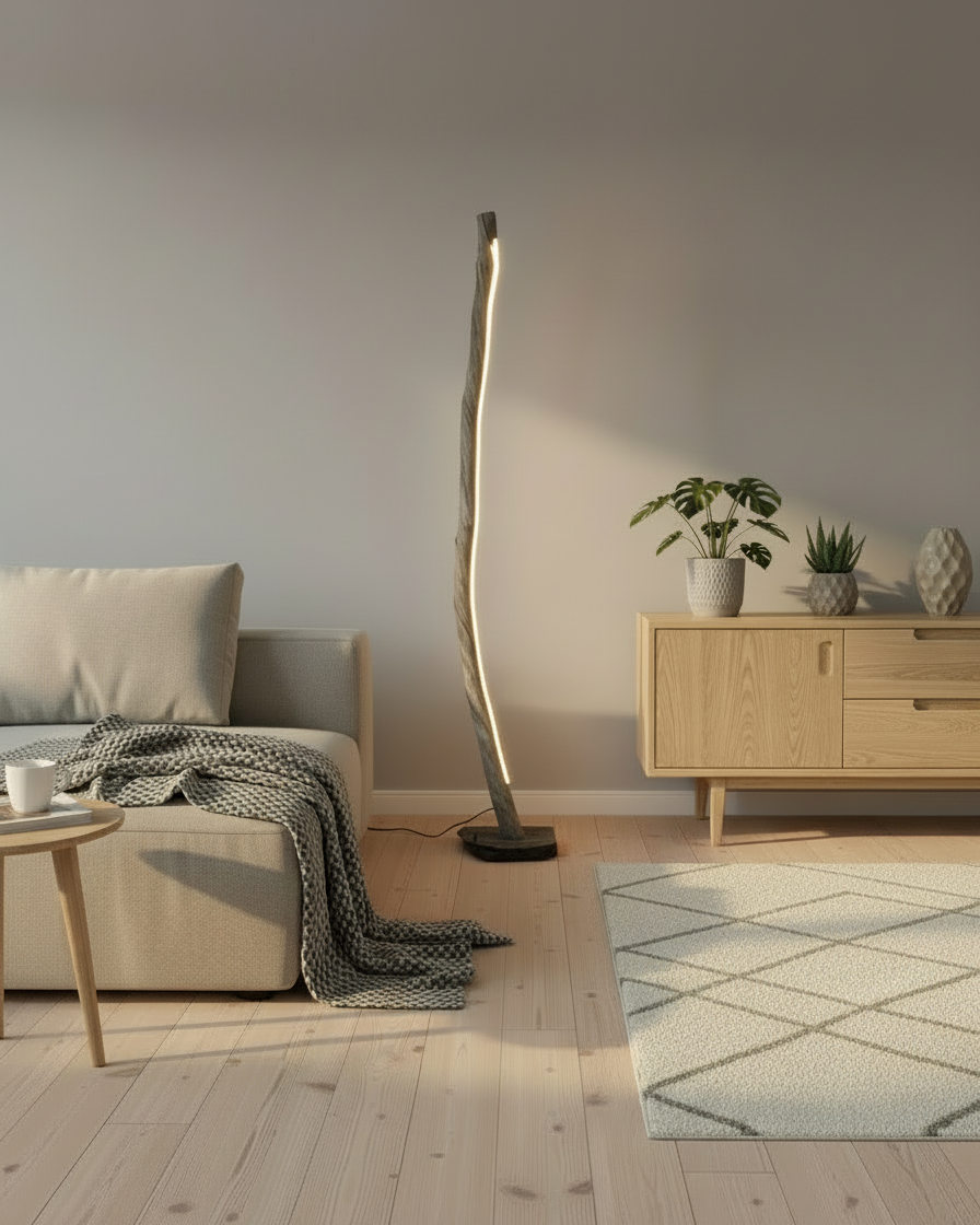 Käsintehty Valona puinen lattiavalaisin tunnelmaa luomassa olohuoneessa